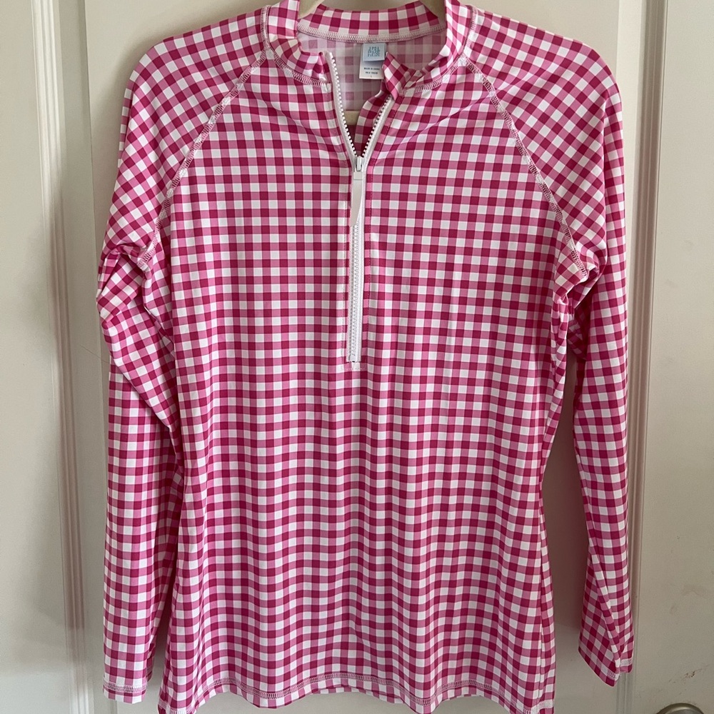 Pink and White Gingham Half-Zip Athletic Top